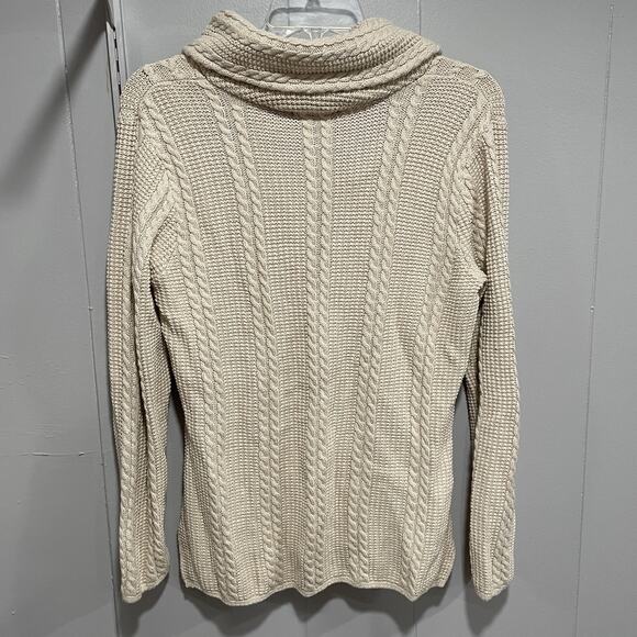 Jeanne Pierre Womens Fisherman Cable Knit Sweater Size Medium Beige Shawl Collar - Picture 3 of 4